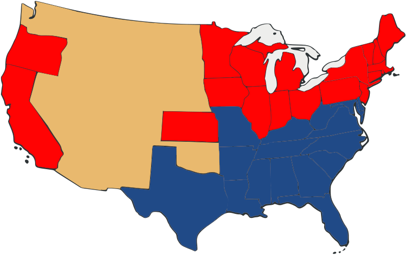 Imagen: Slave_and_Free_States_before_the_American_Civil_War.svg: Self-made from public domain work Image:US_Secession_map_1865.svg
derivative work: Mondo1000 (talk). Cómo la Reconstrucción cambió a EU tras la Guerra Civil